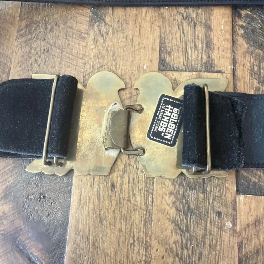 Vintage Golden Hands Lee Bernay Belt Brass Enamel Buckle Suede Boho Hippie